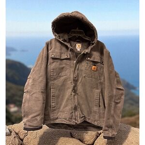 Carhartt Men's Sherpa Lined Hooded Work Jacket GRAY Size M Distressed Faded